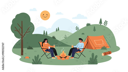 Happy couple enjoys a peaceful camping trip sitting by a warm fire near their tent in a scenic mountain landscape.