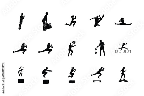 Balance and Mindfulness Silhouettes Warrior Pose, Tree Pose, and Zen Meditation Illustrations