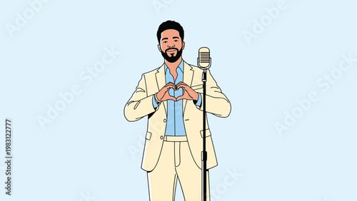 Charming man in a stylish suit expresses love and appreciation by making a heart shape with his hands on stage.