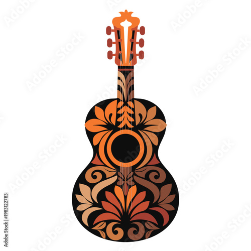 Detailed vector illustration of an acoustic guitar, richly adorned with intricate, maximalist patterns in a vibrant, warm color palette, celebrating cultural music and artistic expression