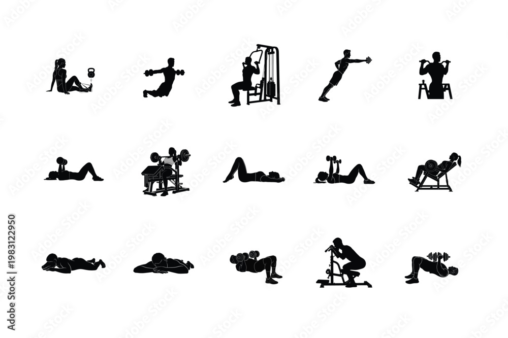 Obraz premium Cardio Gym Equipment Workout Silhouettes People on Treadmill, Elliptical Training, and Fitness Machine Icons