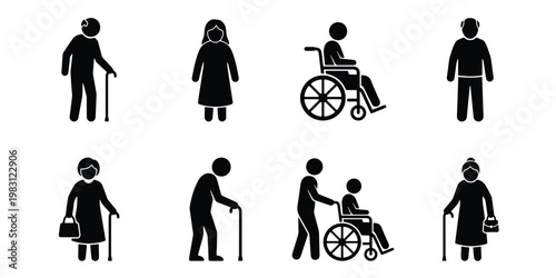 Elderly people and senior citizens icon set, 8 black vector pictograms of disabled patients and retirees, nursing home and geriatric care symbols