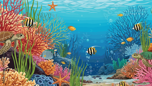 Vibrant underwater world features a diverse coral reef ecosystem with colorful tropical fish, sea turtles, and bright starfish.