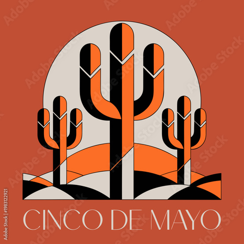 Minimalist Vector Illustration Celebrating Cinco de Mayo with Stylized Cacti and Sun