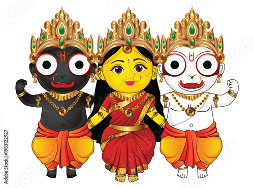 Cute Jagannath Balabhadra Subhadra Cartoon Vector Illustration for Rath Yatra Festival India