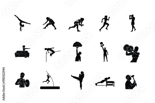 Comprehensive Fitness Routine and Cardio Silhouettes Bench Press, Bodybuilding, and Daily Exercise Vector Icons
