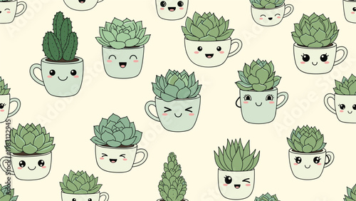Adorable pattern features many cute succulent plants and cacti growing in various smiling coffee cups and ceramic mugs.