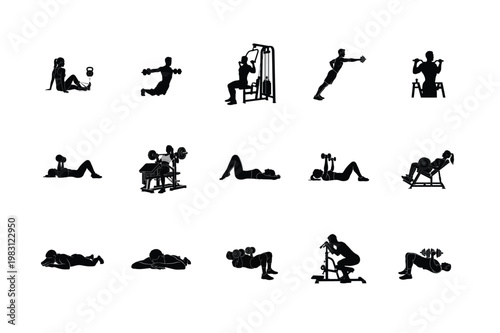 Cardio Gym Equipment Workout Silhouettes People on Treadmill, Elliptical Training, and Fitness Machine Icons
