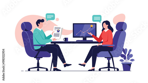 Business professionals conduct a productive meeting in an office setting while discussing growth strategies and data charts.