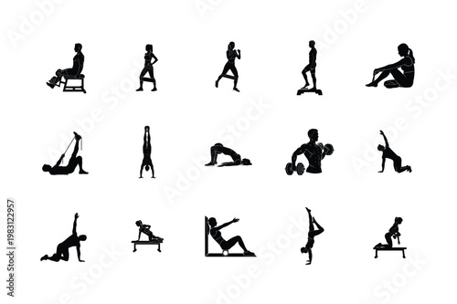 Core Strengthening and Floor Yoga Silhouettes Flexibility Training, Stretching, and Wellness Exercise Icons