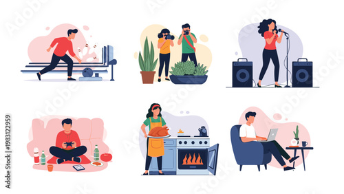 Diverse group of people are shown enjoying various hobbies like bowling, photography, singing, gaming, and cooking.