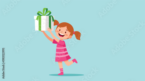 Joyful young girl in a pink striped dress smiles happily while holding up a large white gift box with a green bow.