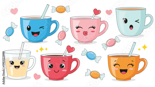 Collection of colorful cartoon cups and glasses with adorable smiling faces are filled with various hot and cold drinks.