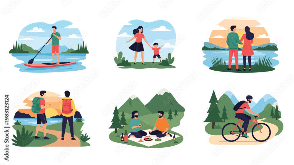 Fototapeta premium Set of illustrations features people enjoying various outdoor activities like hiking, cycling, paddleboarding, and picnicking.