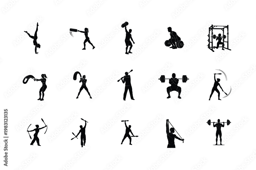 Fototapeta premium Elite Bodybuilding and Gym Workout Silhouettes Bicep Curls, Muscle Flexing, and Heavy Lifting Graphics