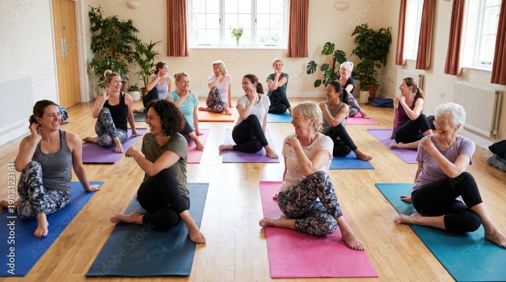 Fototapeta premium Group of women exercising in a room, performing various yoga poses