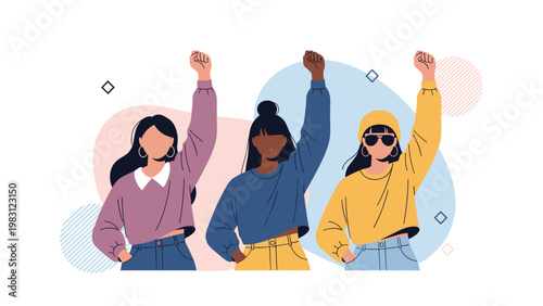 Empowered women from diverse backgrounds stand together with raised fists to show strength, unity, and social protest.