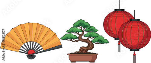 Traditional Asian Culture Icon Set with Fan, Bonsai, Lanterns, and Decorative Elements for Cultural, Eastern, and Design Concepts