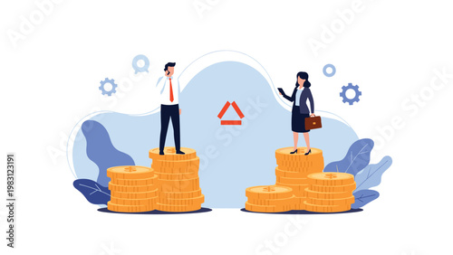 Concept of financial gap and income inequality shows a man and woman standing on different sized stacks of gold coins.