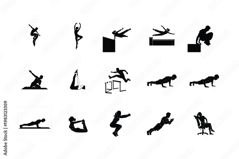Obraz premium Physical Therapy and Rehabilitative Stretching Silhouettes Mat Exercises, Low Impact Fitness, and Recovery Graphics