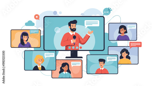 Online conference interface shows a group of diverse people participating in a video meeting with a main presenter.