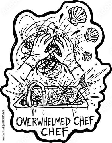 A playful, chaotic illustration of an "Overwhelmed Chef Chef" struggling to clean seafood in a sink overflowing with lobsters, shells, and water splashing everywhere