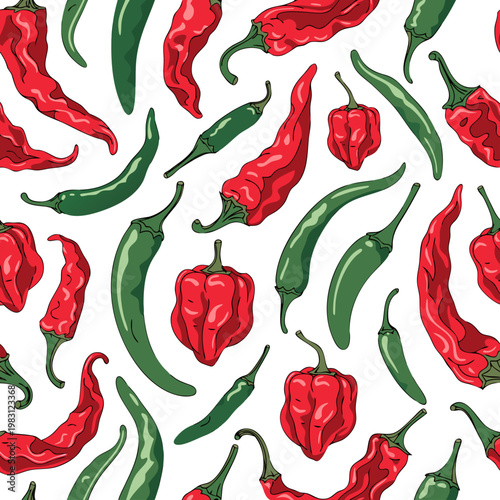 Seamless red chili pepper pattern background with fresh spicy vegetables illustration