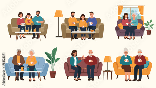 Groups of diverse families and senior couples sitting on couches, enjoying hot drinks and conversation in cozy living rooms.