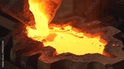 Molten metal being poured into a mold during the casting process in a factory.