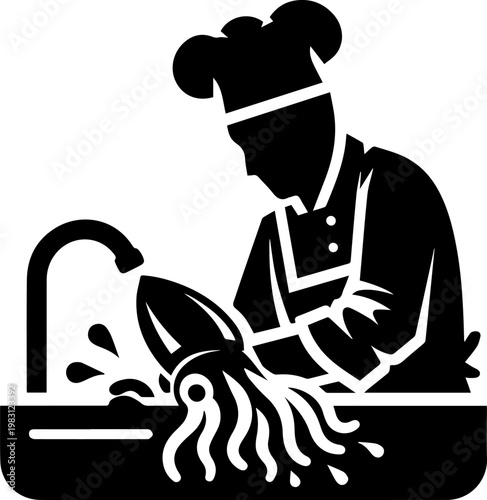 A chef carefully cleaning an octopus under running water in a kitchen sink, ensuring hygiene and freshness before cooking.