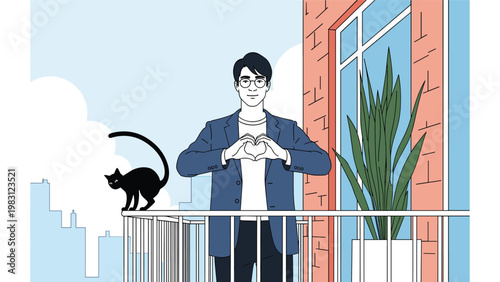 Young man wearing glasses and a blazer stands on a city balcony making a heart shape with his hands while a black cat watches.