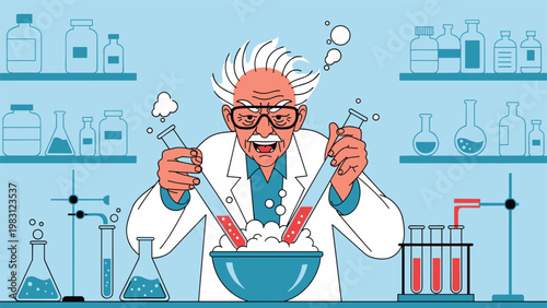 Energetic senior scientist with wild white hair and glasses mixing chemicals in a laboratory filled with bottles and beakers.