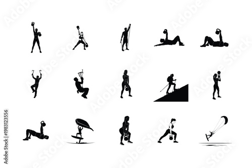 Rock Climbing and Bouldering Action Silhouettes Mountain Climbing, Wall Ascending, and Rappelling Poses