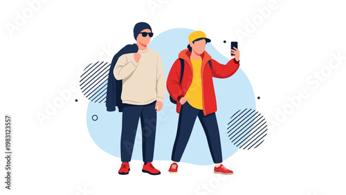 Stylish young man and woman in winter jackets and hats posing for a selfie against a minimalist graphic background design.
