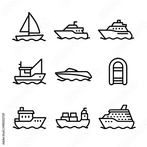 Minimalistic boat icons collection featuring sailboats, ferries, and cruise liners