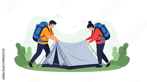 Man and woman with large backpacks working together to set up a grey camping tent in a green forest landscape during a hike.