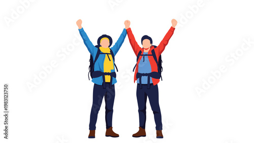 Two hikers in winter clothing standing together with their arms raised in victory, celebrating their successful climb to the peak.
