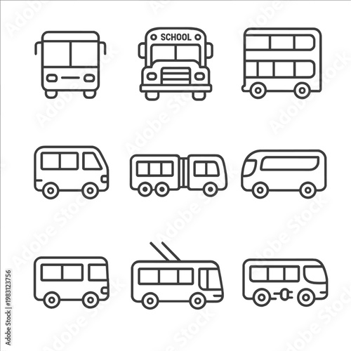 Set of nine bus icons: school, double decker, city bus, and more