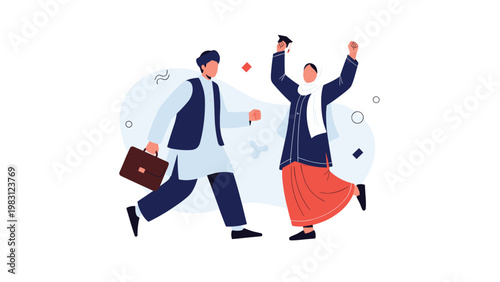 Man in traditional white tunic and a woman in a hijab and red skirt celebrating with raised arms, possibly a graduation or job success.
