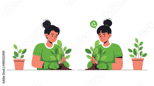 Two environmentally conscious women wearing gloves planting young green trees in soil, promoting sustainability and recycling.