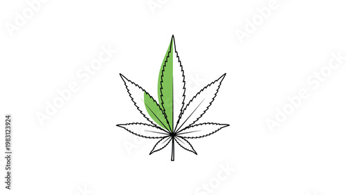 Minimalist black and white line drawing of a marijuana leaf with a partial green color overlay on a white background.