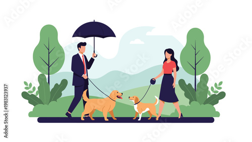 Professional man and woman walking their golden retriever and beagle dogs in a lush green park landscape with hills.