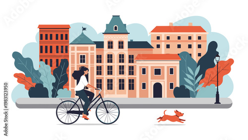 Young woman cycling on a black bicycle past colorful historical buildings and a running dog in a beautiful city street.