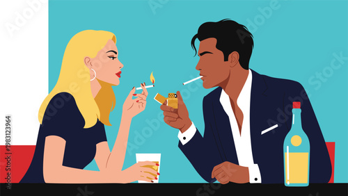 Stylish blonde woman and dark haired man in a suit smoking cigarettes and sharing a drink in a moody bar setting.