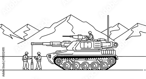 Military Tank Crew Loading Ammunition in Desert Landscape with Mountains