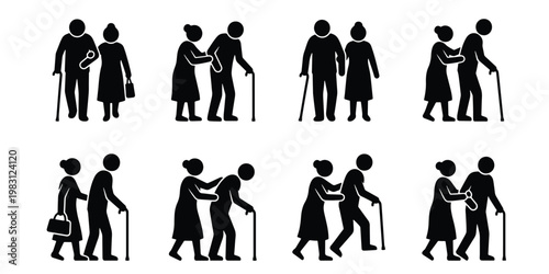 Elderly couple silhouette icons, senior people walking with canes and walking sticks, set of 8 vector pictograms for geriatric care and nursing
