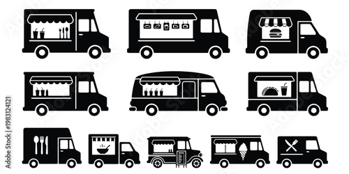 Food truck silhouette icons set, black mobile kitchen van collection, 11 street food catering vehicle vectors for festival and restaurant branding