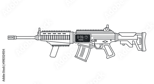 Modern Assault Rifle Line Art Icon, Futuristic Weapon Design, Military Technology