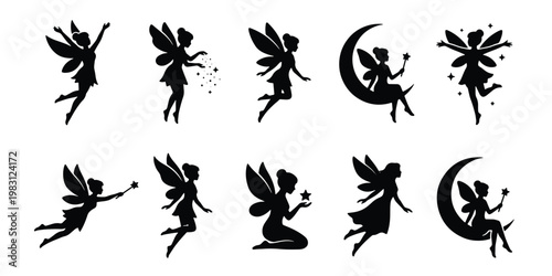 Fairy silhouette collection, 10 magical pixie vector elements, black mythical creature icons with wings and wands, fantasy character set for kids design