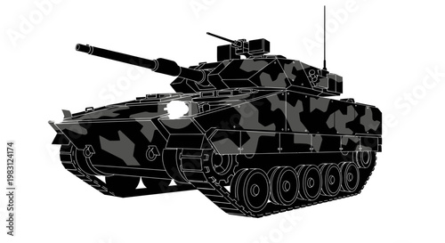 Modern Camouflaged Armored Tank Vehicle with Cannon, Military Combat Machine